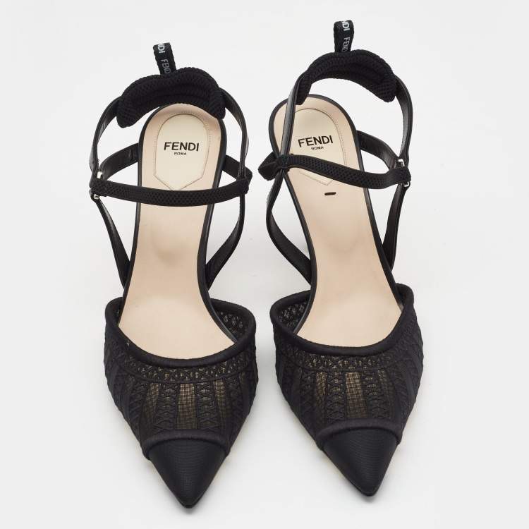 Pre Owned Fendi Black Mesh and Leather Colibri Lite Slingback Pumps Size 40