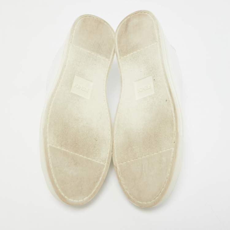 Pre Owned Fendi White Leather and Logo Knit Fabric Rockoko Slip On Sneakers Size 39