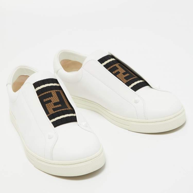 Pre Owned Fendi White Leather and Logo Knit Fabric Rockoko Slip On Sneakers Size 39