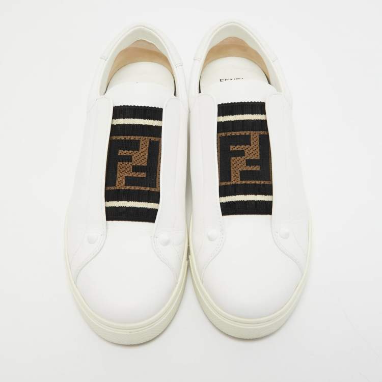 Pre Owned Fendi White Leather and Logo Knit Fabric Rockoko Slip On Sneakers Size 39