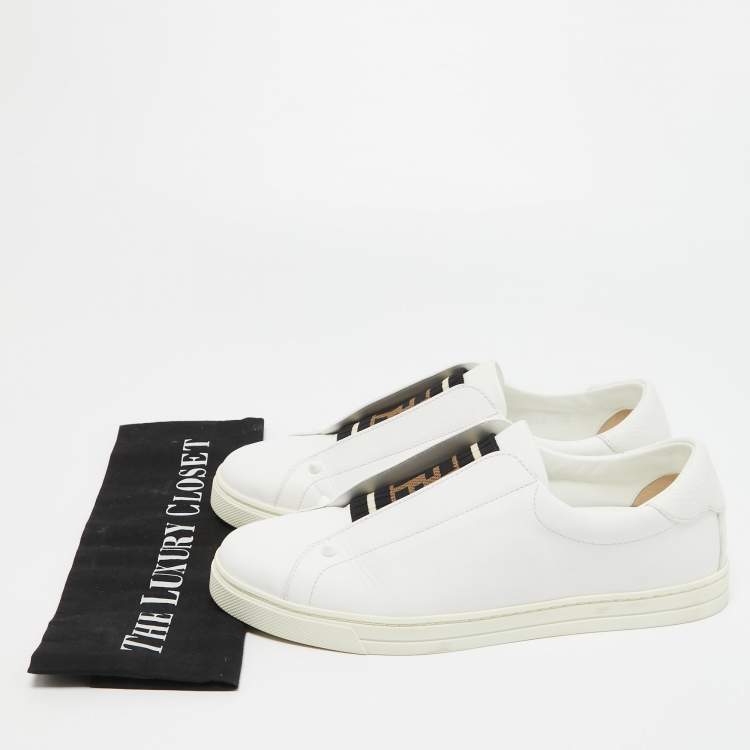 Pre Owned Fendi White Leather and Logo Knit Fabric Rockoko Slip On Sneakers Size 39