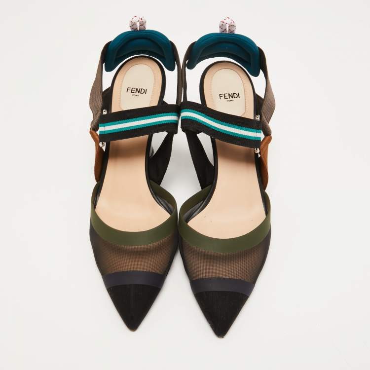 Pre Owned Fendi  Black/Brown Zucca Mesh and Leather Colibri Slingback Pumps Size 41