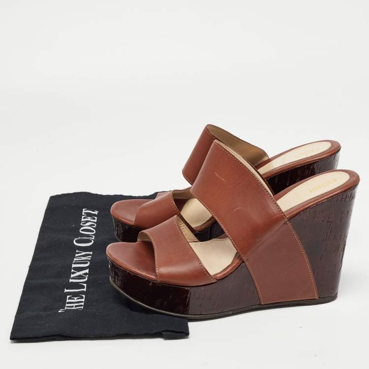 Pre Owned Fendi Brown Leather Wedge Platform Slide Sandals Size 40