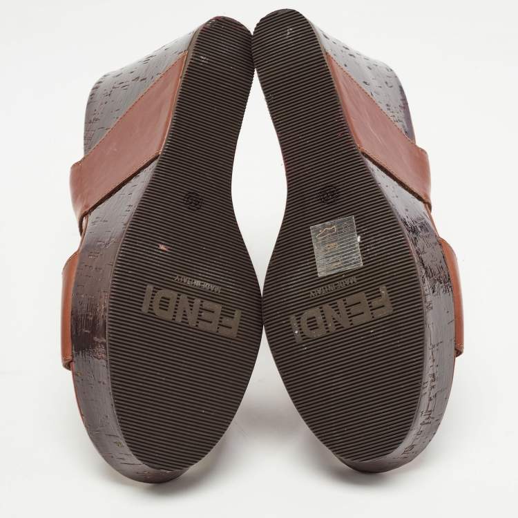 Pre Owned Fendi Brown Leather Wedge Platform Slide Sandals Size 40
