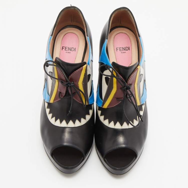 Pre Owned Fendi Multicolor Leather Monster Peep Toe Ankle Booties Size 38