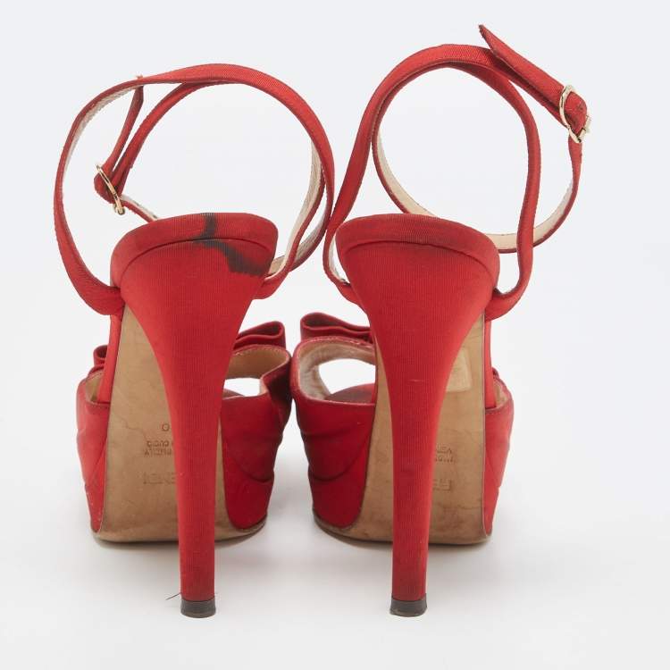 Pre Owned Fendi Red Fabric Bow Ankle Strap Platform Sandals Size 40