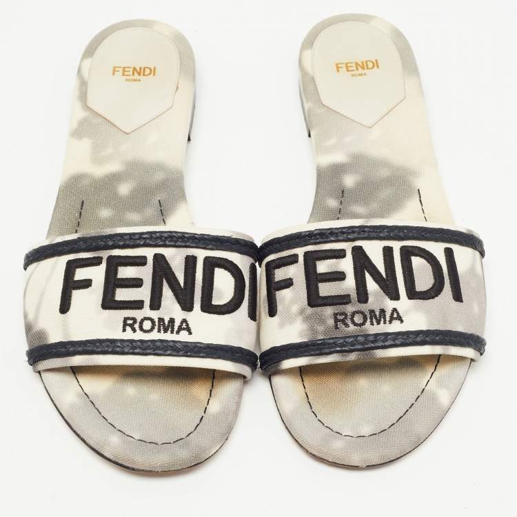 Pre Owned Fendi Grey/White Canvas Embraided Slide Sandals Size 39