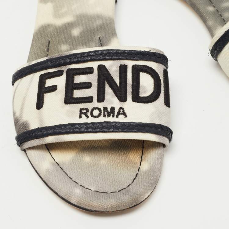 Pre Owned Fendi Grey/White Canvas Embraided Slide Sandals Size 39