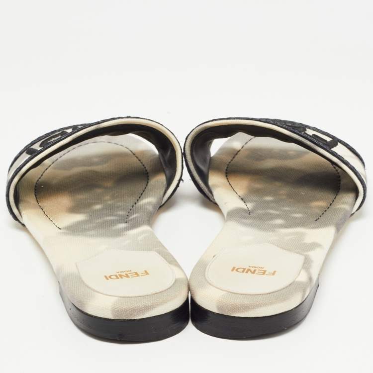 Pre Owned Fendi Grey/White Canvas Embraided Slide Sandals Size 39