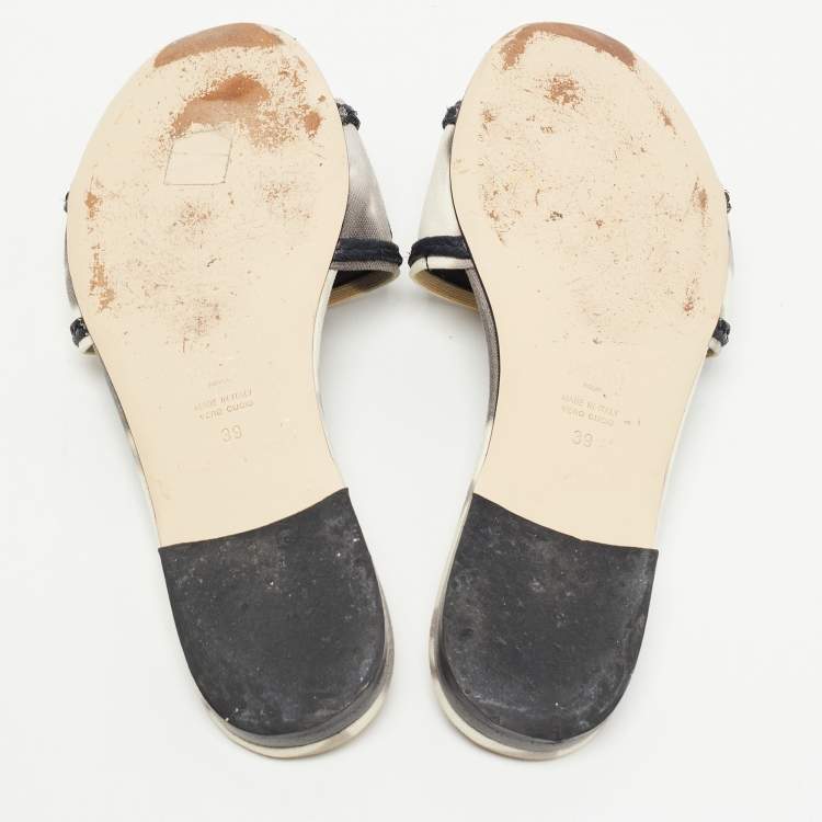Pre Owned Fendi Grey/White Canvas Embraided Slide Sandals Size 39
