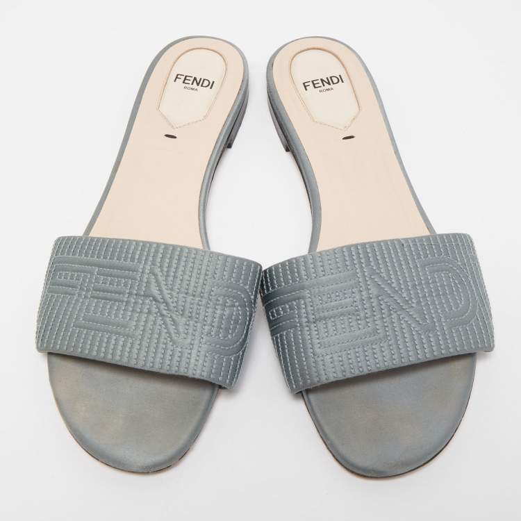 Pre Owned Fendi Grey Satin Logo Embroidered Flat Slides Size 38