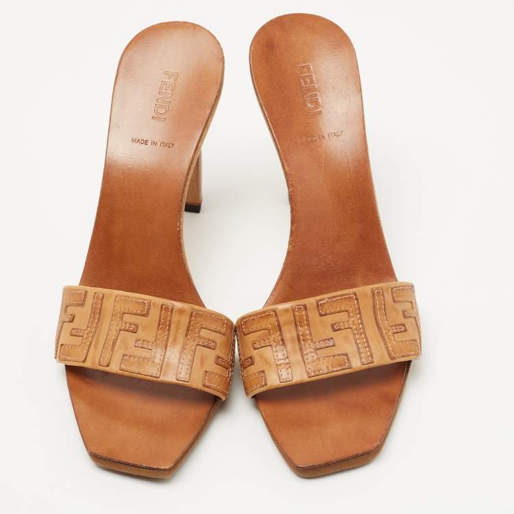 Pre Owned Fendi Tan Leather FF Slide Sandals Size 39