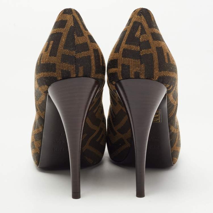 Pre Owned Fendi Brown Zucca Canvas Peep Toe Pumps Size 39