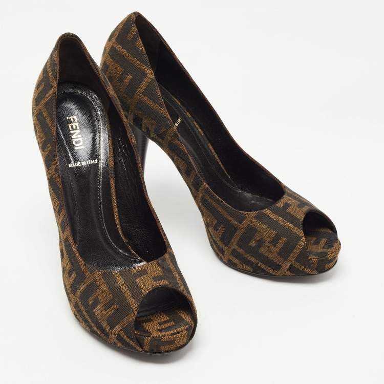 Pre Owned Fendi Brown Zucca Canvas Peep Toe Pumps Size 39