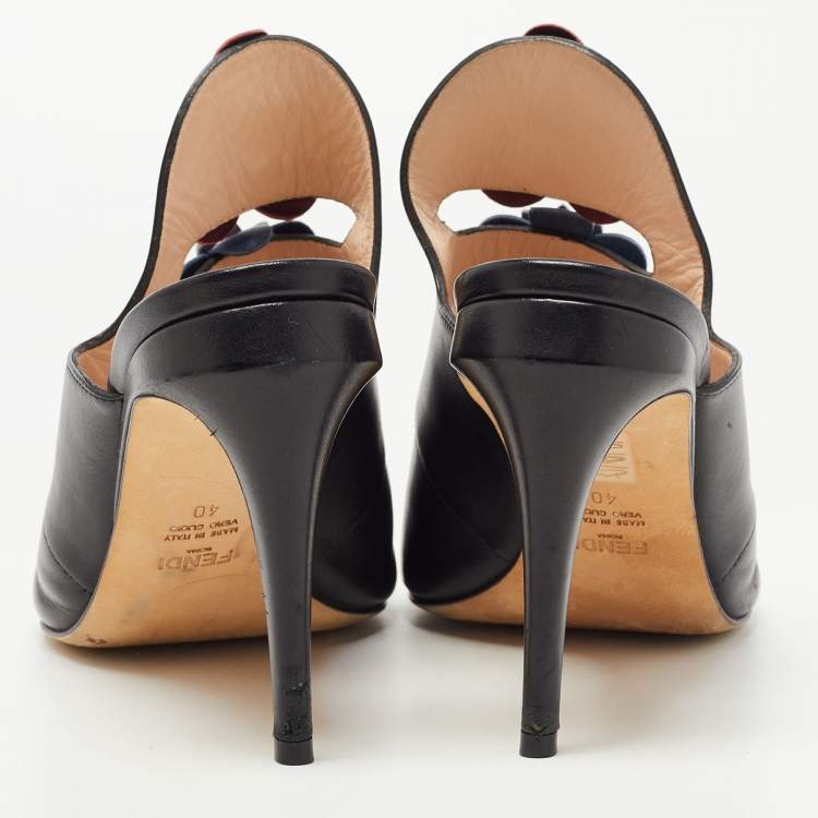 Pre Owned Fendi Black Leather Flowerland Mules Size 40