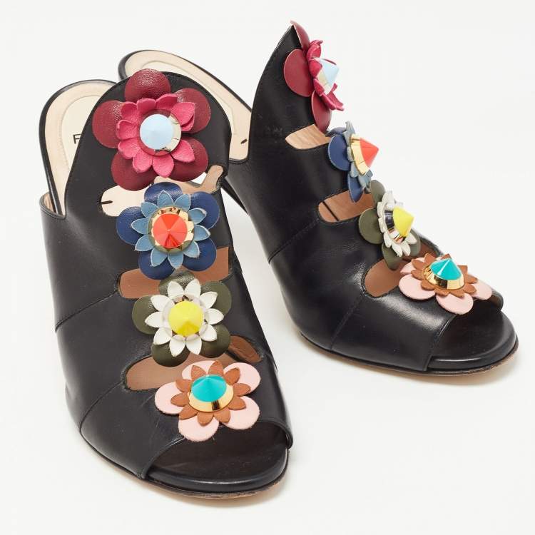 Pre Owned Fendi Black Leather Flowerland Mules Size 40