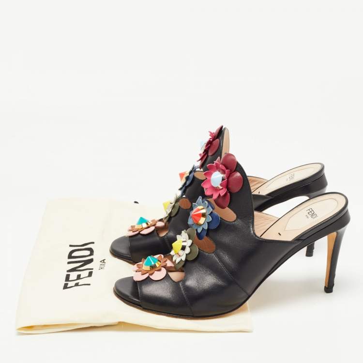 Pre Owned Fendi Black Leather Flowerland Mules Size 40
