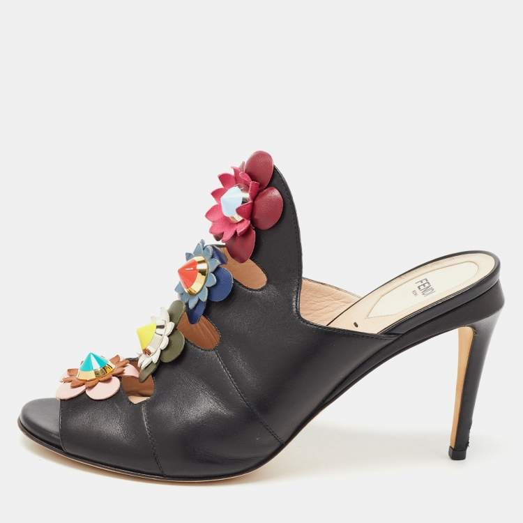Pre Owned Fendi Black Leather Flowerland Mules Size 40