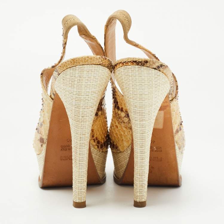 Pre Owned Fendi Brown/Beige Python Fendista Slingback Pumps Size 40
