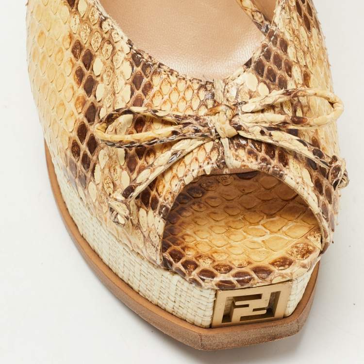 Pre Owned Fendi Brown/Beige Python Fendista Slingback Pumps Size 40
