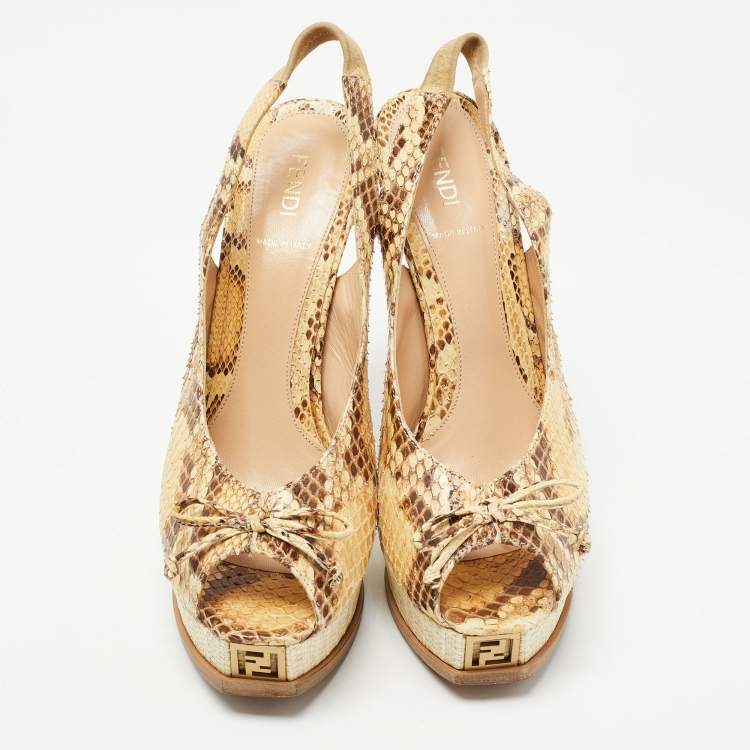 Pre Owned Fendi Brown/Beige Python Fendista Slingback Pumps Size 40