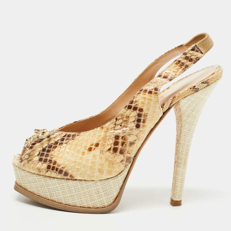 Pre Owned Fendi Brown/Beige Python Fendista Slingback Pumps Size 40
