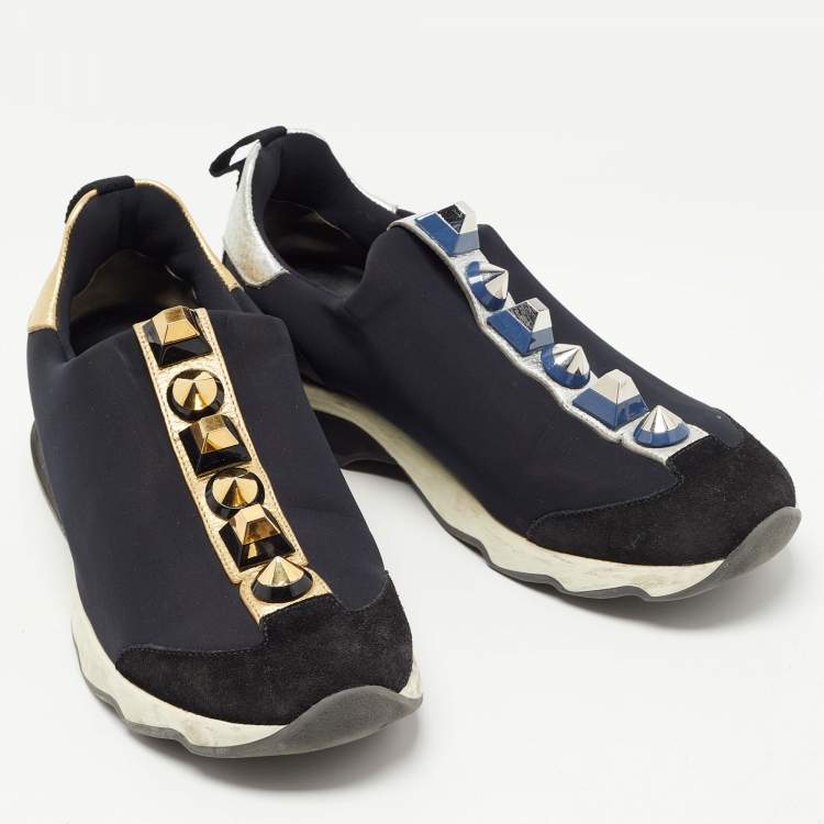 Pre Owned Fendi Black Neoprene and Leather Studded Slip On Sneakers Size 40
