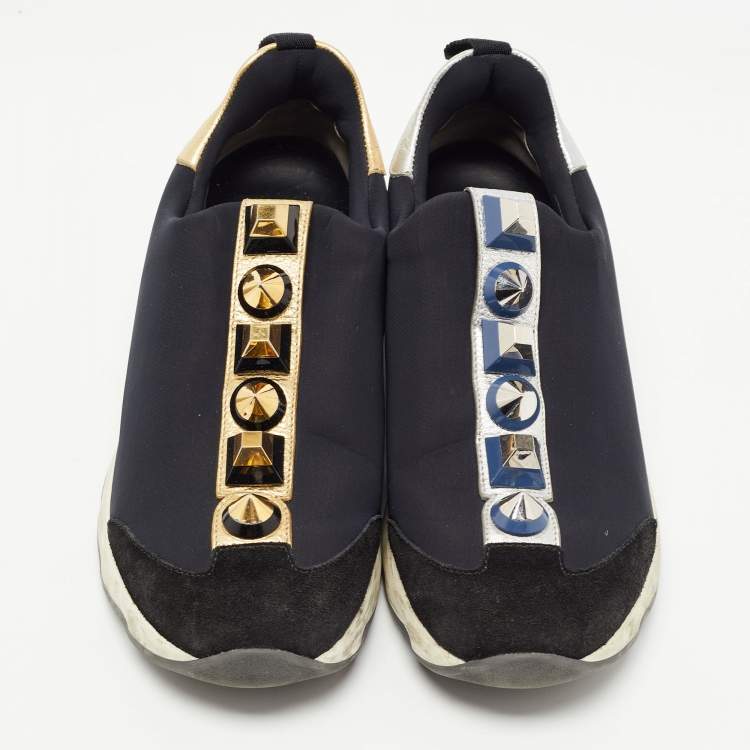 Pre Owned Fendi Black Neoprene and Leather Studded Slip On Sneakers Size 40