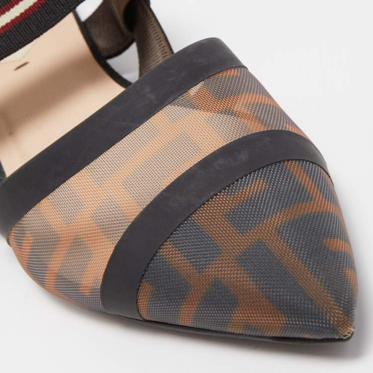 Pre Owned Fendi Black/Brown Zucca Mesh and Canvas Colibri Slingback Flats Size 39