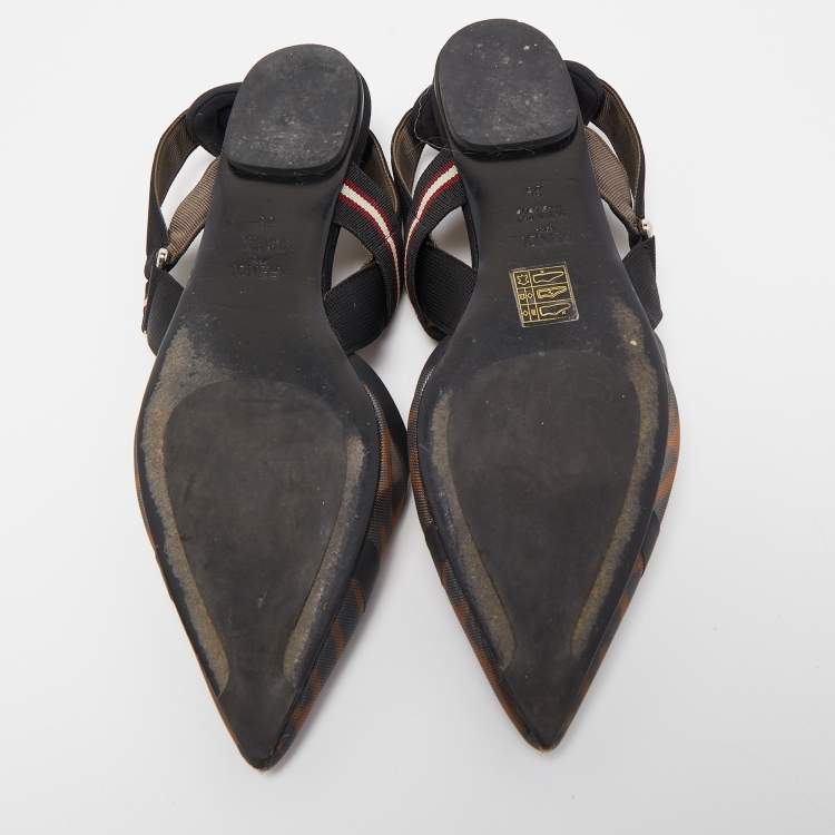 Pre Owned Fendi Black/Brown Zucca Mesh and Canvas Colibri Slingback Flats Size 39