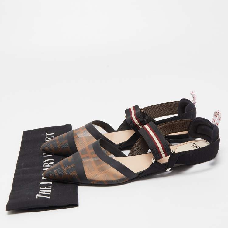 Pre Owned Fendi Black/Brown Zucca Mesh and Canvas Colibri Slingback Flats Size 39