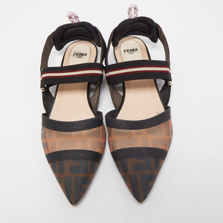 Pre Owned Fendi Black/Brown Zucca Mesh and Canvas Colibri Slingback Flats Size 39