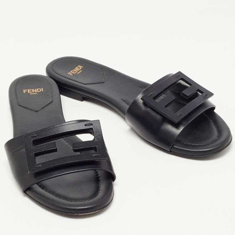 Pre Owned Fendi Black Leather Logo Flat Slides Size 37