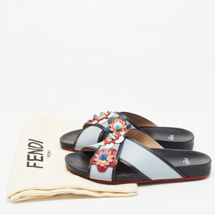 Pre Owned Fendi  Grey/Black  Leather Crisscross Flowerland Flat Slides Size 37  