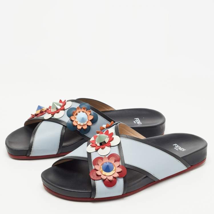 Pre Owned Fendi  Grey/Black  Leather Crisscross Flowerland Flat Slides Size 37  