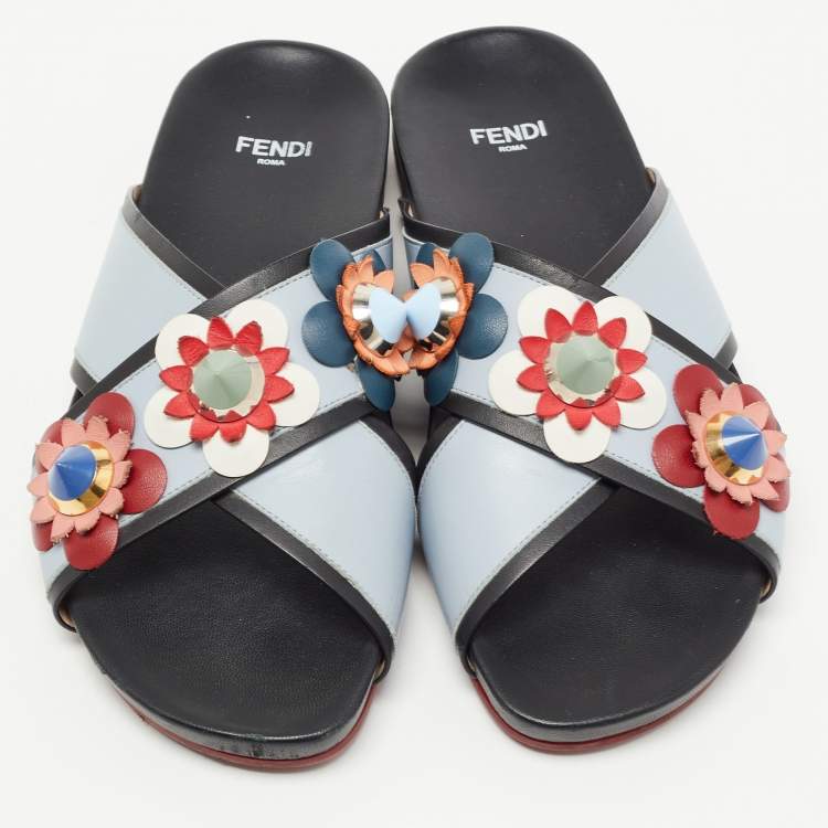 Pre Owned Fendi  Grey/Black  Leather Crisscross Flowerland Flat Slides Size 37  