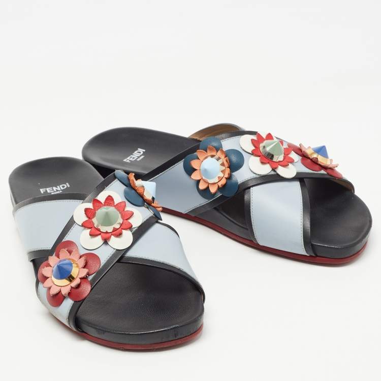 Pre Owned Fendi  Grey/Black  Leather Crisscross Flowerland Flat Slides Size 37  