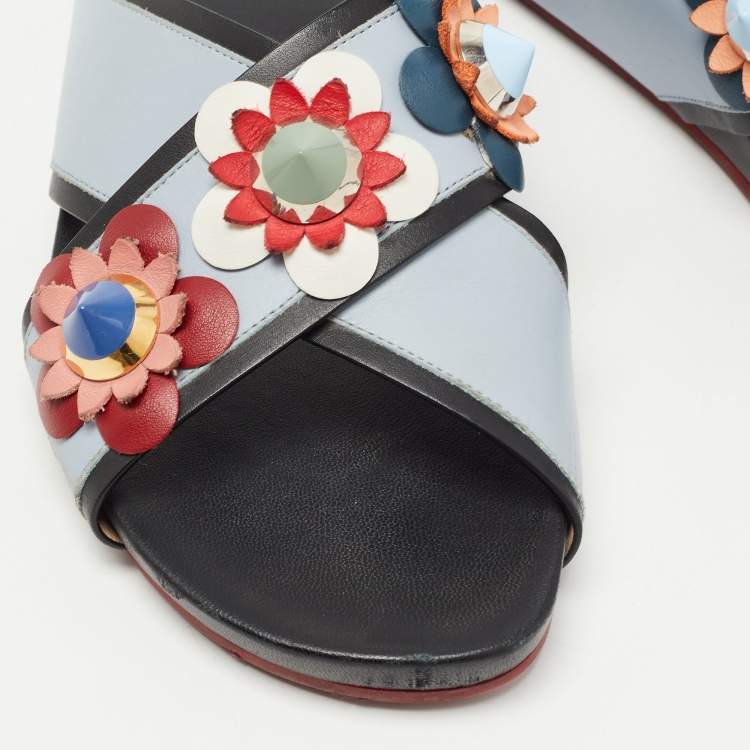 Pre Owned Fendi  Grey/Black  Leather Crisscross Flowerland Flat Slides Size 37  
