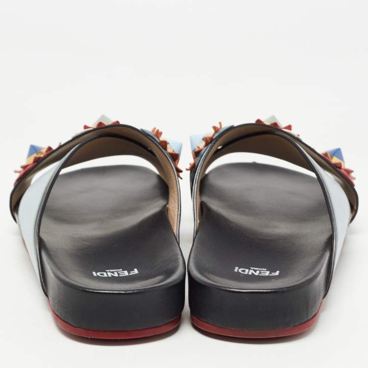 Pre Owned Fendi  Grey/Black  Leather Crisscross Flowerland Flat Slides Size 37  