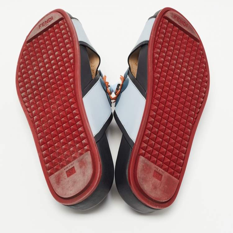 Pre Owned Fendi  Grey/Black  Leather Crisscross Flowerland Flat Slides Size 37  