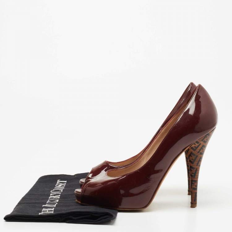 Pre Owned Fendi Burgundy Patent Leather Zucca Print Heel Peep Toe Pumps Size 37