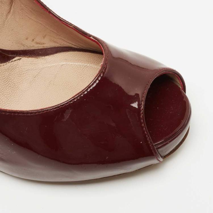Pre Owned Fendi Burgundy Patent Leather Zucca Print Heel Peep Toe Pumps Size 37