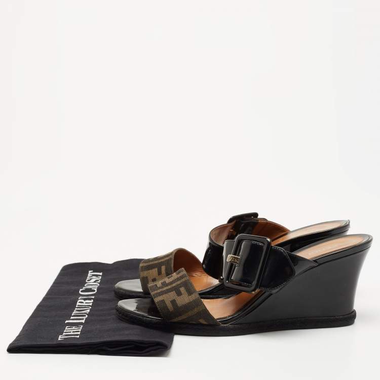 Pre Owned Fendi Black/Brown Patent Leather and Zucca Canvas Demi Wedge Sandals Size 40