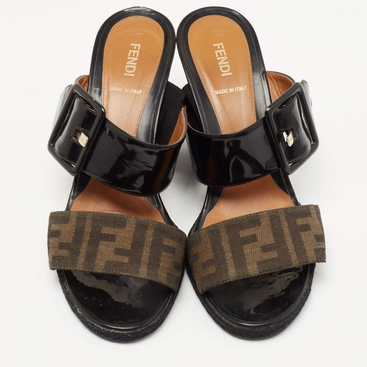 Pre Owned Fendi Black/Brown Patent Leather and Zucca Canvas Demi Wedge Sandals Size 40