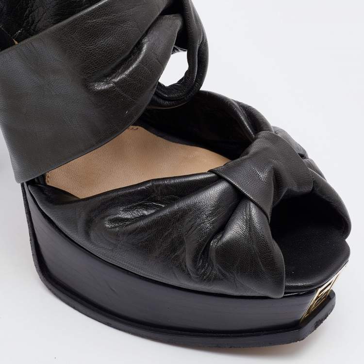 مملوكة مسبقًا Fendi Green Leather Bow Peep Toe Slingback Platform Sandals Size 40