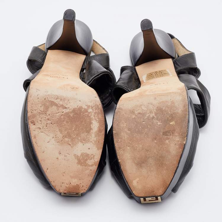 مملوكة مسبقًا Fendi Green Leather Bow Peep Toe Slingback Platform Sandals Size 40