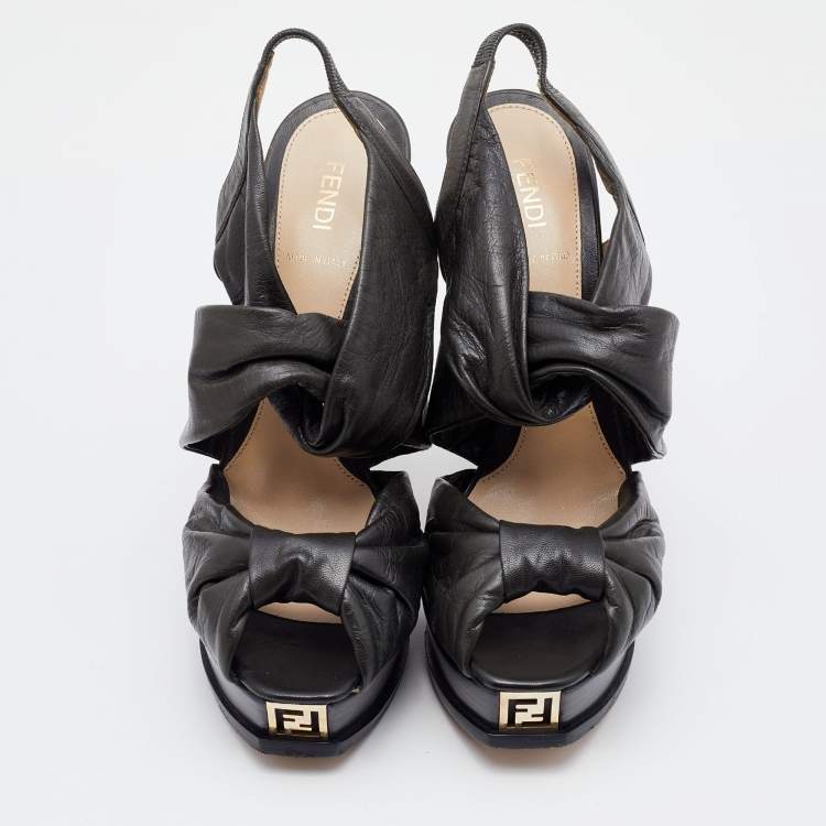 مملوكة مسبقًا Fendi Green Leather Bow Peep Toe Slingback Platform Sandals Size 40