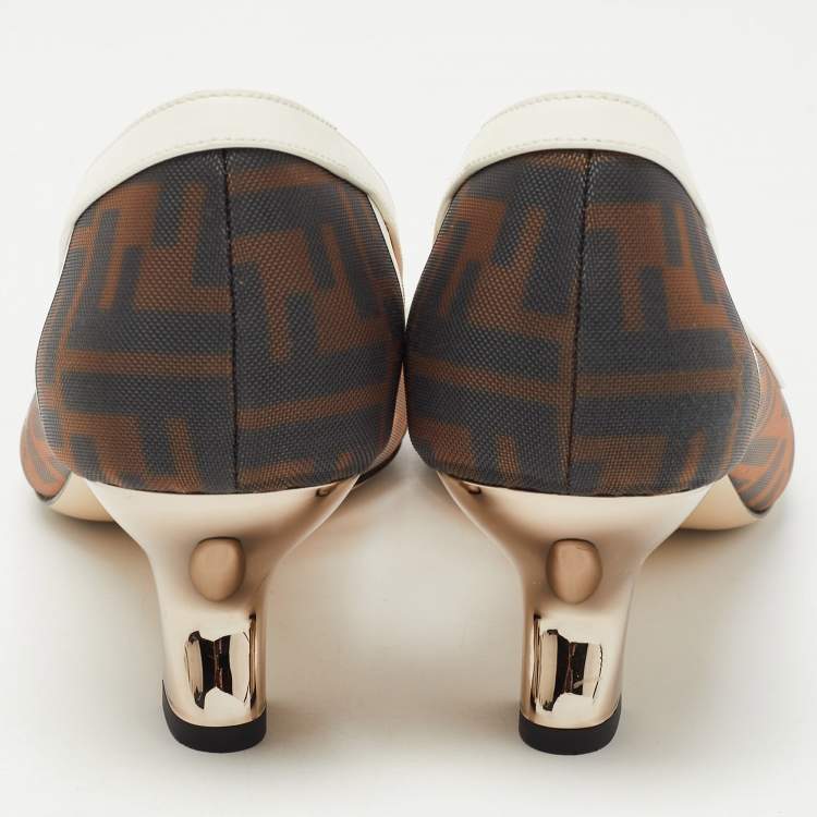 Pre Owned Fendi Brown/White Zucca Mesh and Leather Colibri Pumps Size 41