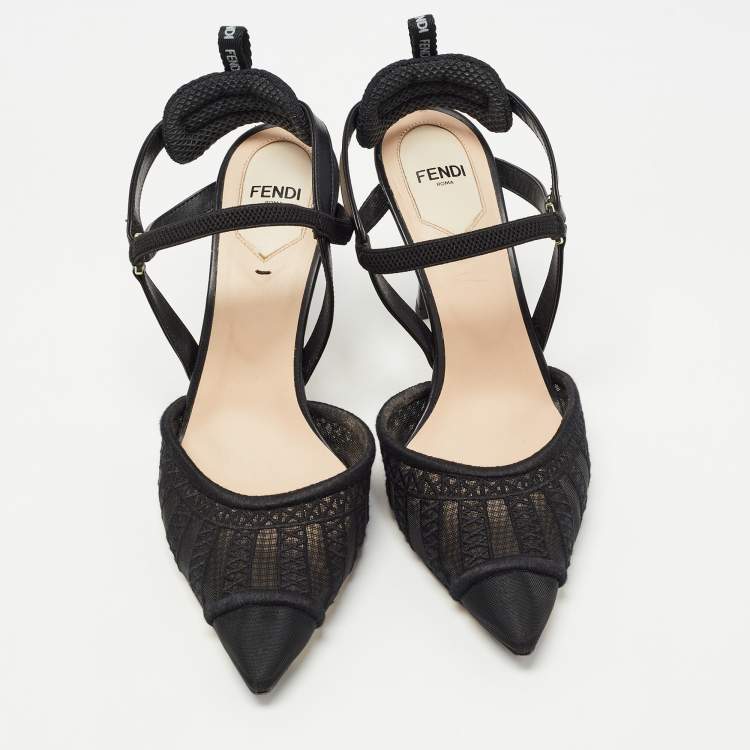 Pre Owned Fendi Black Lace and Leather Colibri Lite Slingback Pumps Size 37