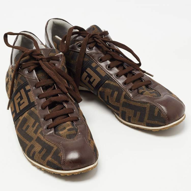 Pre Owned Fendi Brown Zucca Canvas and Leather Low Top Sneakers Size 39